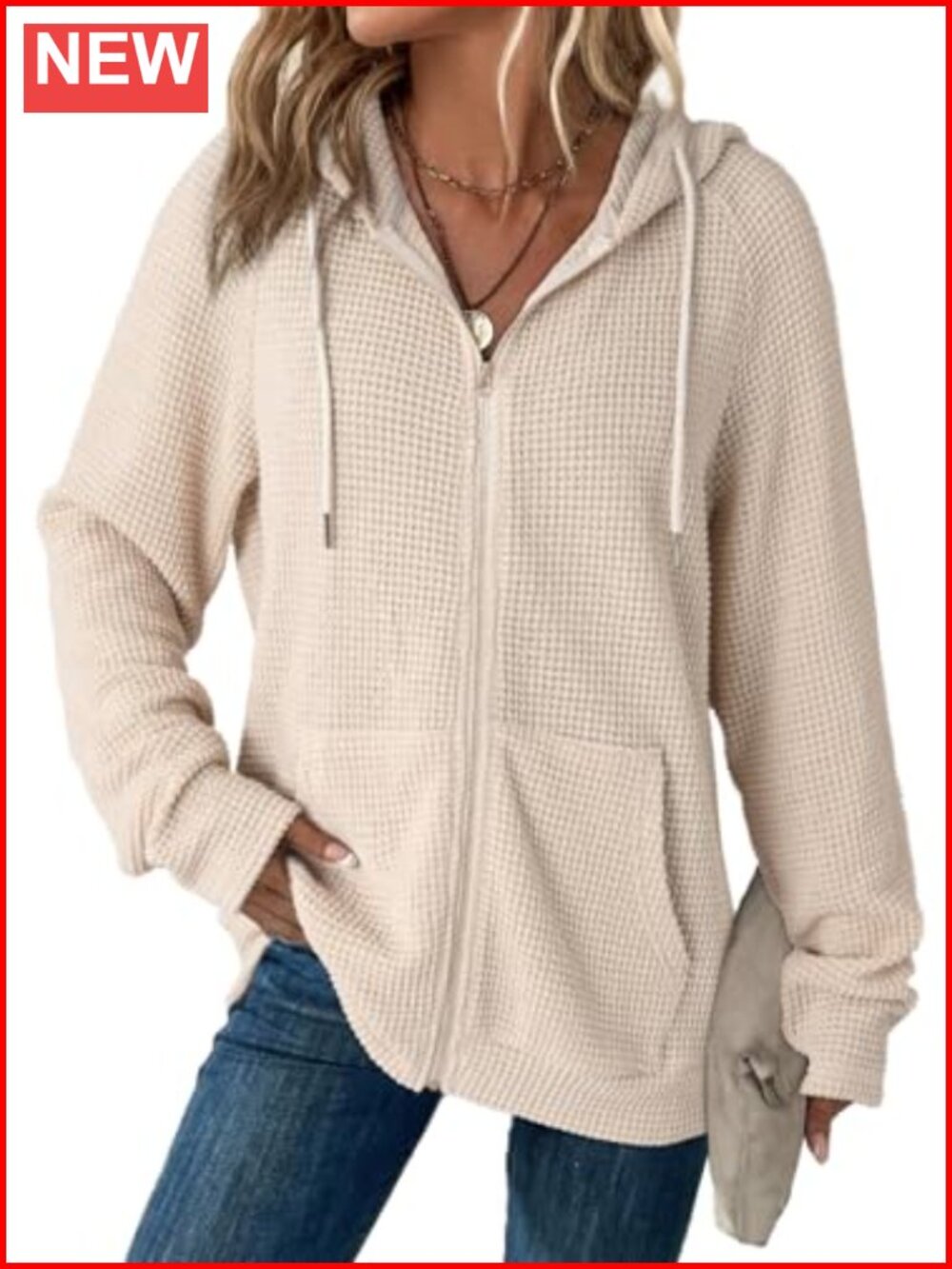 Zip Up Waffle Knit Hoodie Long Sleeve Sweatshirt Womens Casual